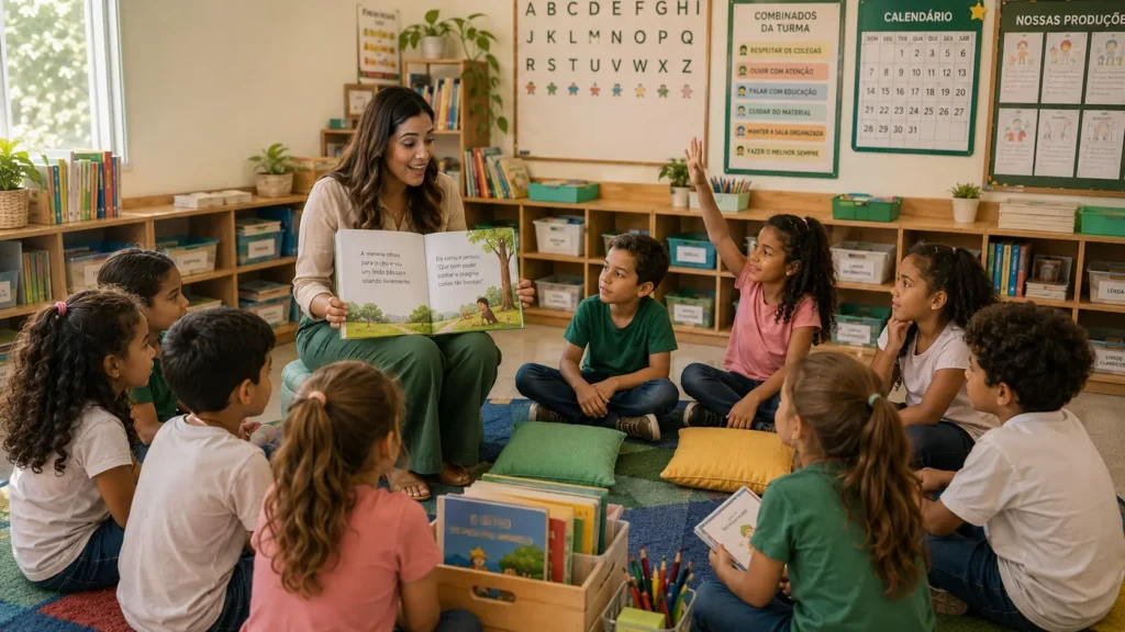 Professora conduzindo uma roda de leitura com alunos do 2º ano do Ensino Fundamental.