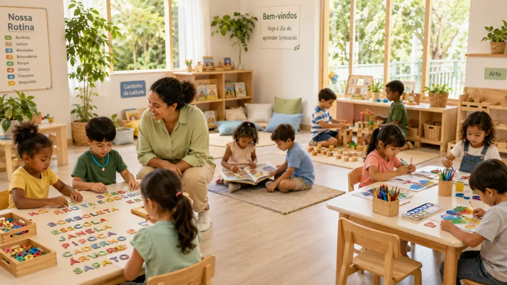 Professora brasileira organizando a rotina da Educação Infantil enquanto crianças participam de diferentes atividades em sala de aula.