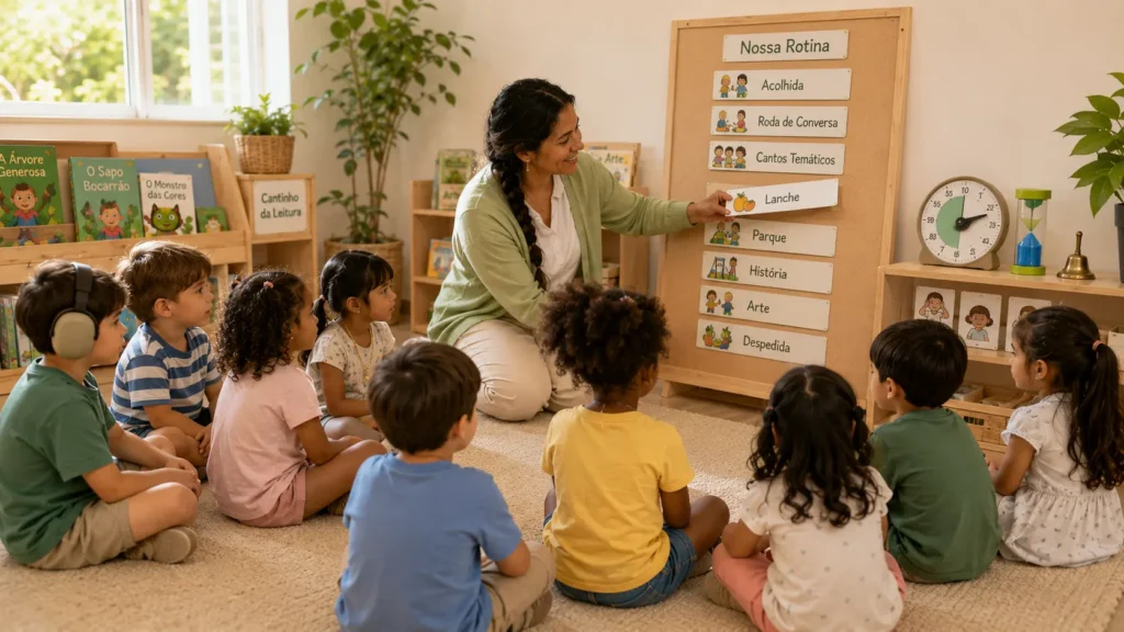 Professora utilizando cartões visuais e timer para orientar a transição entre atividades na Educação Infantil.