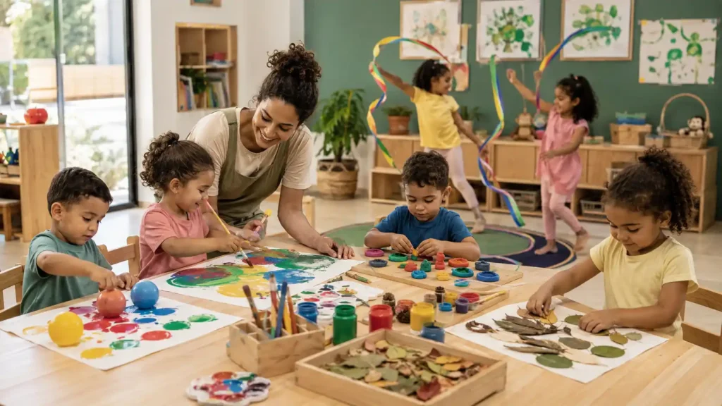 Atividades pedagógicas de artes, música e movimento na Educação Infantil com crianças pintando, dançando e modelando massinha.