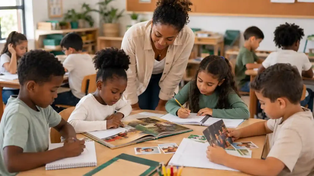 Alunos dos Anos Iniciais realizando atividade sobre Consciência Negra em sala de aula