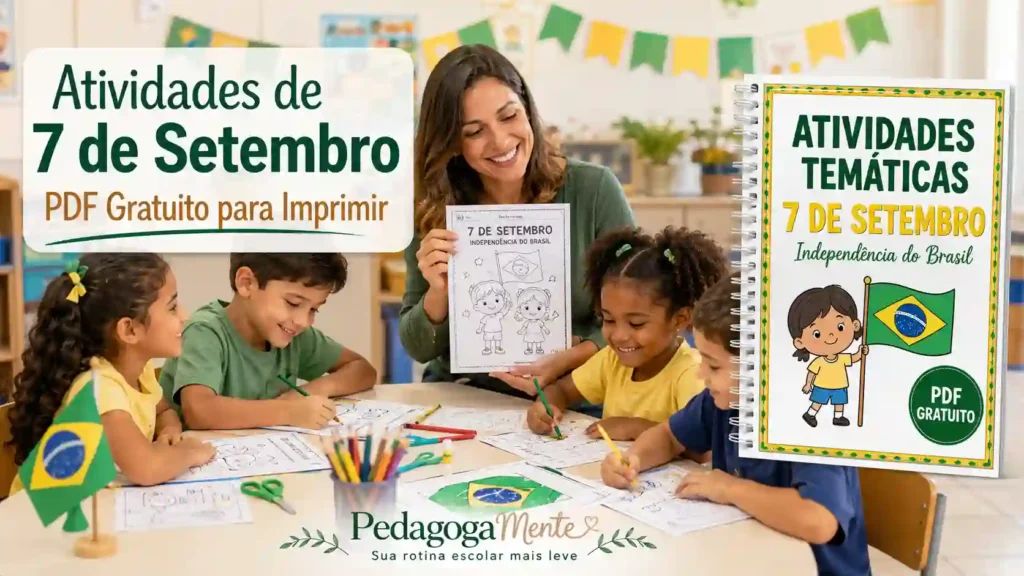 Atividades de 7 de Setembro para imprimir em PDF sendo utilizadas por professora e alunos dos Anos Iniciais.
