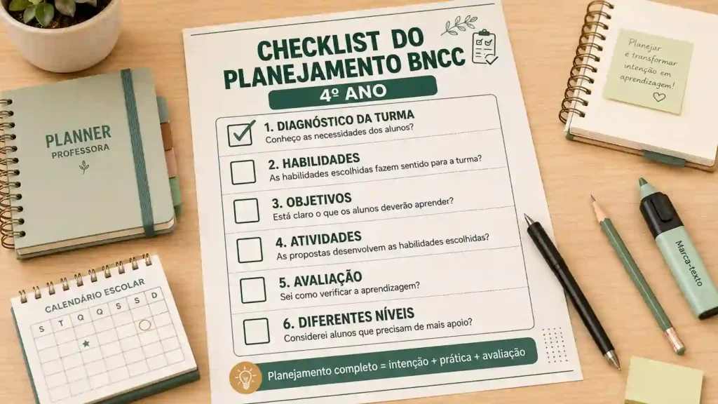 Checklist do planejamento BNCC para o 4º ano com habilidades, objetivos, atividades e avaliação