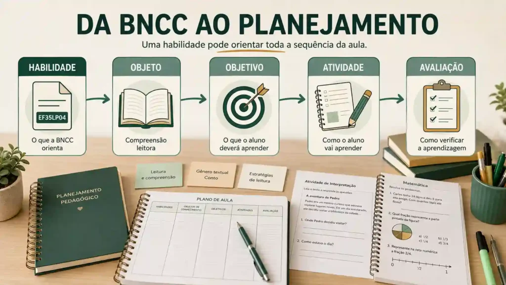 Fluxo de planejamento BNCC do 4º ano com habilidade, objetivo, atividade e avaliação