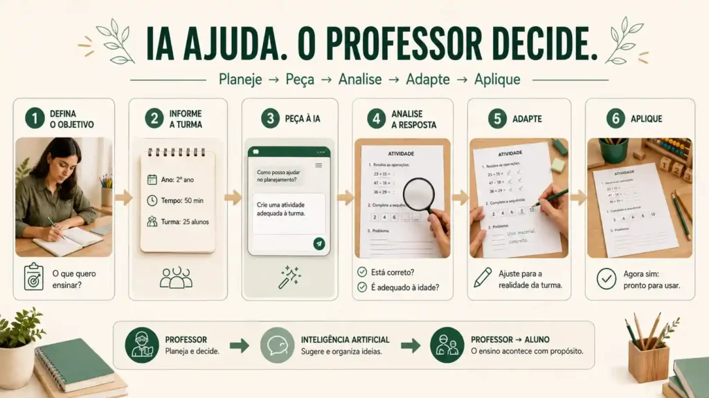 Fluxo de uso da inteligência artificial no planejamento escolar: definir, pedir, analisar, adaptar e aplicar