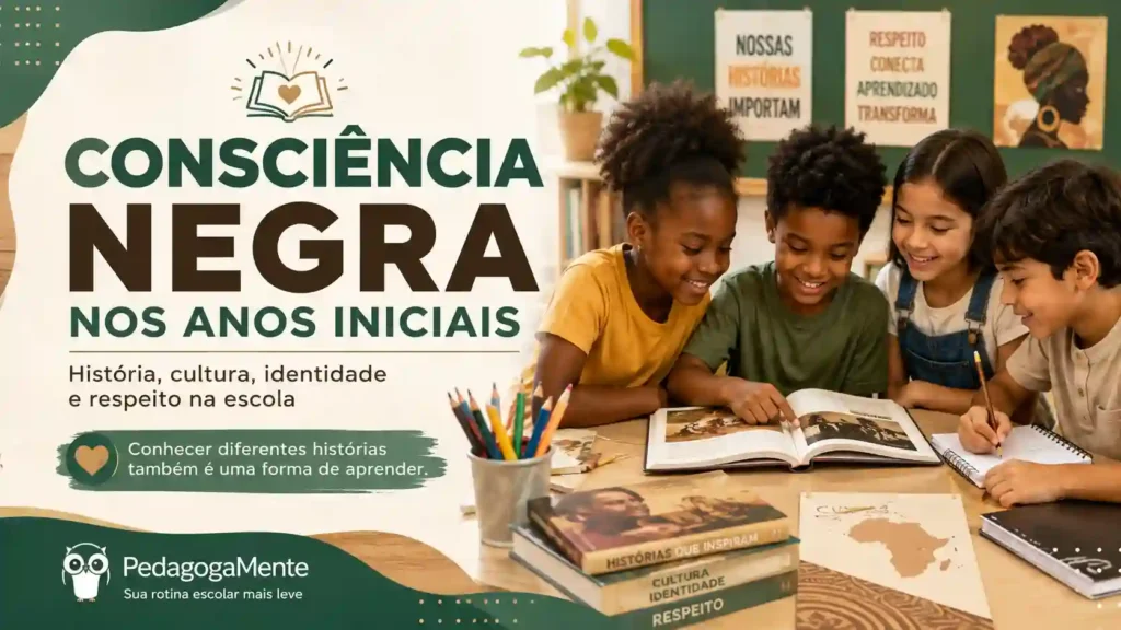 Professor e alunos dos Anos Iniciais em atividade pedagógica sobre Consciência Negra
