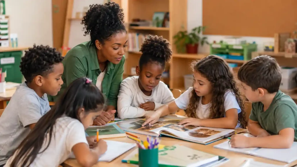 Professor e alunos dos Anos Iniciais em atividade pedagógica sobre Consciência Negra