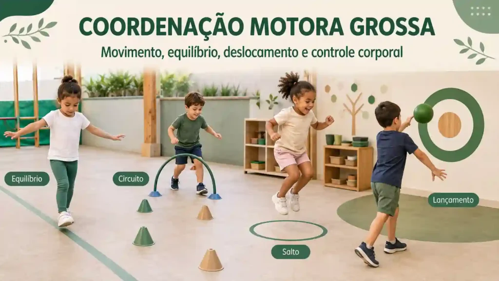 Crianças realizando atividades de coordenação motora grossa na Educação Infantil