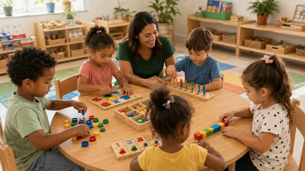 Atividades para educação infantil com materiais matemáticos e coordenação motora utilizando tampinhas, formas geométricas e prendedores.