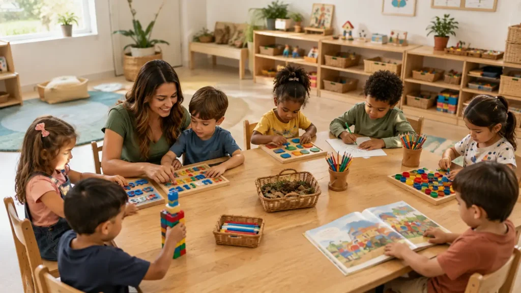 Professora realizando atividades pedagógicas com crianças da Educação Infantil utilizando letras móveis, blocos e materiais educativos.