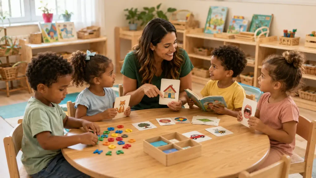 Educação infantil atividades de linguagem com professora utilizando letras móveis e cartões pedagógicos para estimular a aprendizagem.