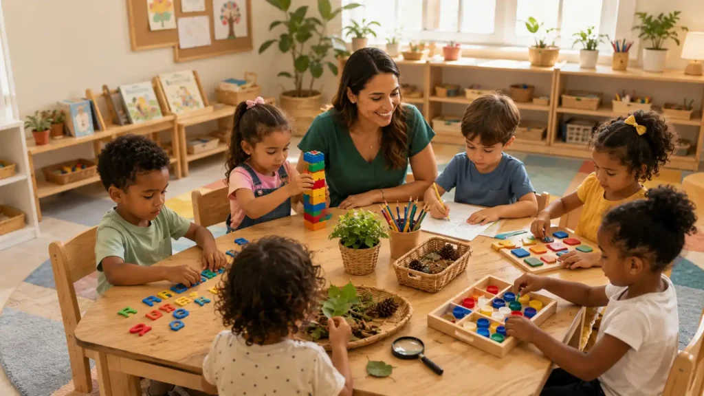 Professora realizando atividades práticas com crianças da Educação Infantil em sala de aula utilizando materiais pedagógicos.