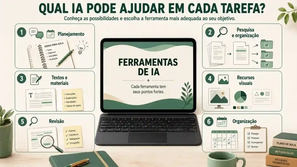 Ferramentas de IA para professores podem auxiliar no planejamento, pesquisa, criação de materiais, revisão e organização