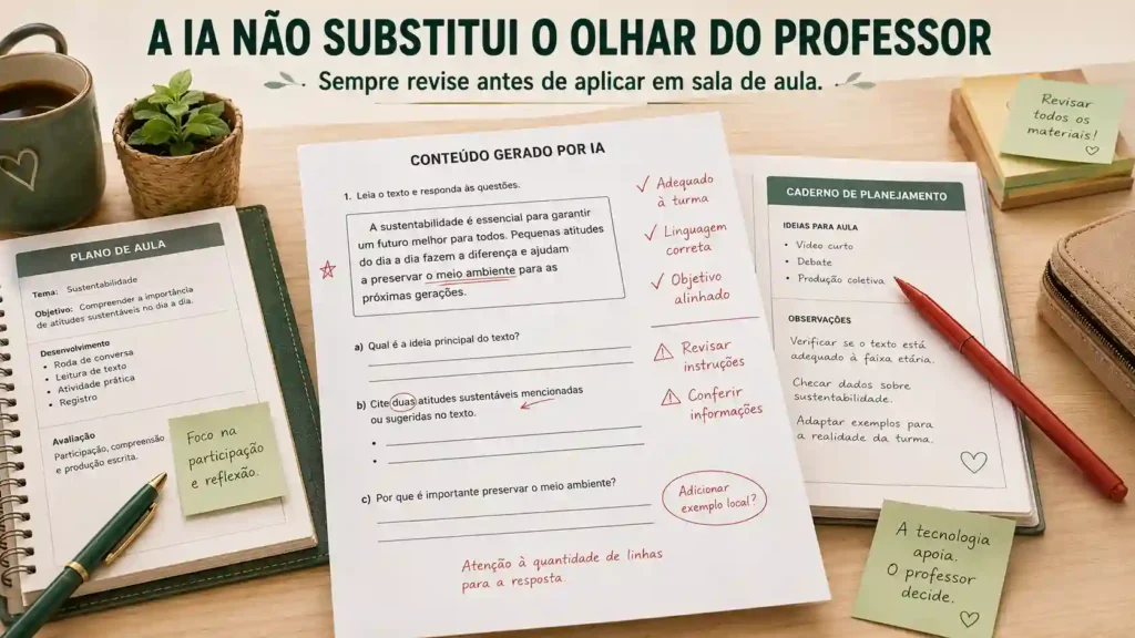 Professor revisando conteúdo criado por inteligência artificial antes de aplicar no planejamento escolar