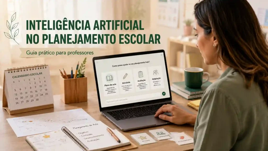 Professora utilizando inteligência artificial para auxiliar no planejamento escolar