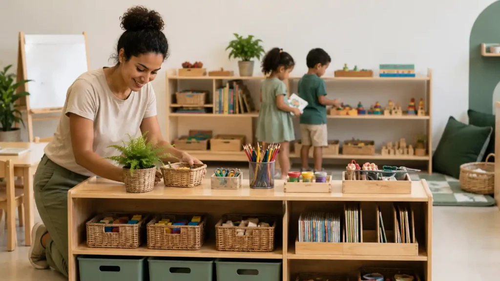 Sala de Educação Infantil organizada com materiais pedagógicos, livros infantis e jogos educativos acessíveis às crianças.