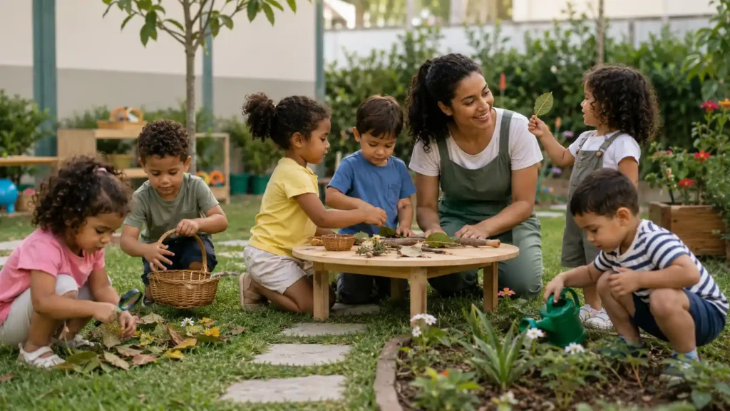 Educação infantil atividades ao ar livre com crianças explorando a natureza e desenvolvendo socialização e inclusão na escola.