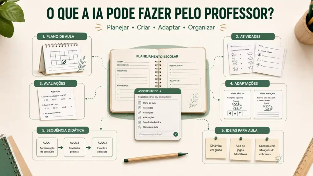 Principais formas de usar inteligência artificial no planejamento escolar, como criar atividades, avaliações e planos de aula