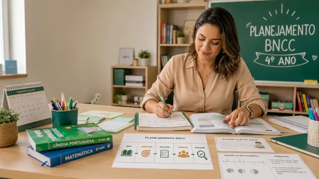 Professora organizando planejamento BNCC para o 4º ano