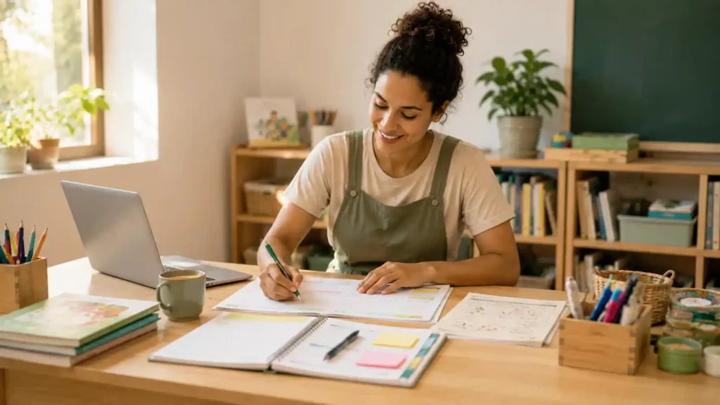 Professora organizando o planejamento de atividades para Educação Infantil em uma mesa com materiais pedagógicos.