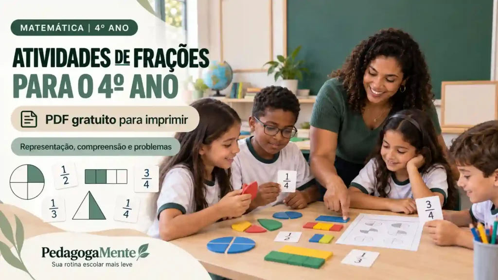 Professora e alunos do 4º ano utilizando atividades de frações em sala de aula, em imagem de capa sobre PDF gratuito para imprimir.