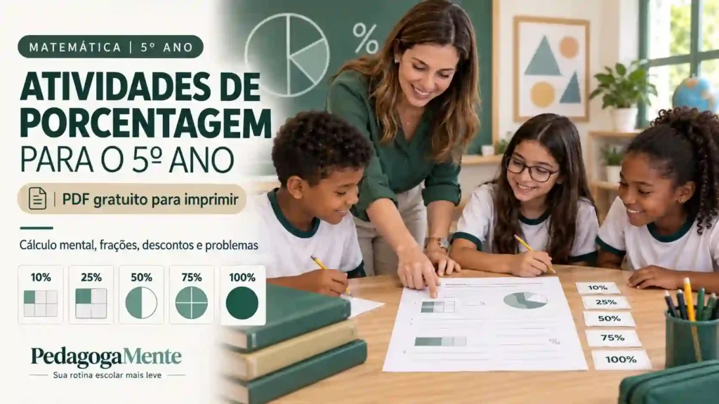 Professora e alunos do 5º ano utilizando atividades de porcentagem para o 5º ano em sala de aula, em imagem de capa sobre PDF gratuito para imprimir.