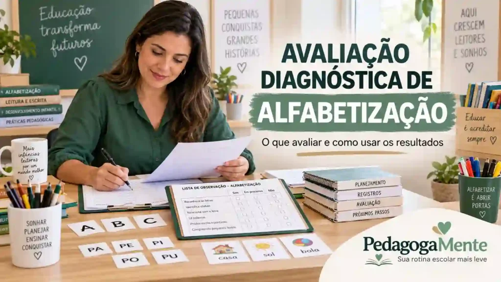 Professora analisando atividades e registros de uma avaliação diagnóstica de alfabetização nos Anos Iniciais.