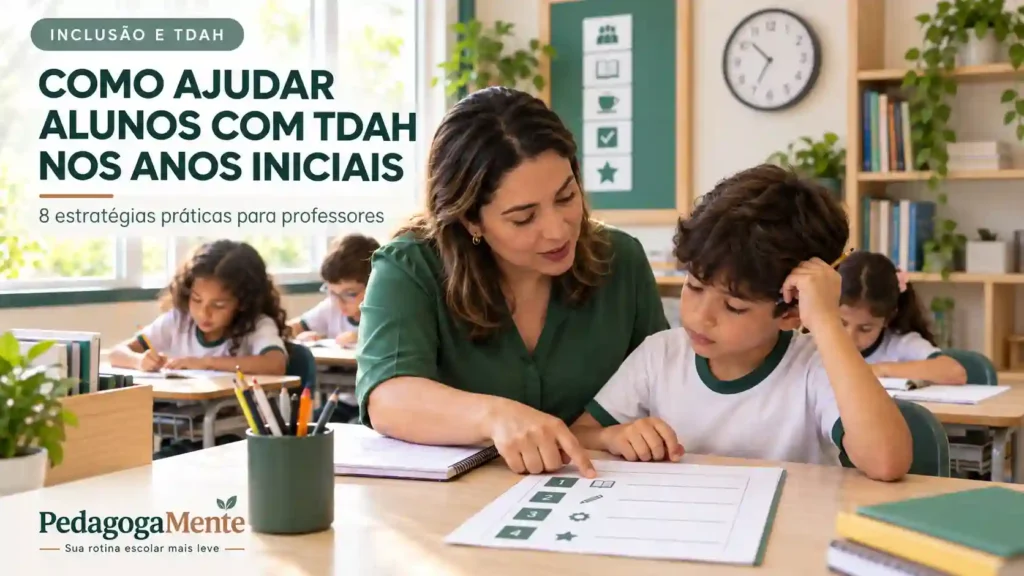 Professora auxiliando alunos com TDAH nos Anos Iniciais em uma sala de aula organizada e acolhedora.