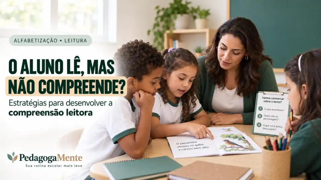 Professora desenvolvendo a compreensão leitora nos Anos Iniciais com leitura guiada e perguntas sobre o texto.