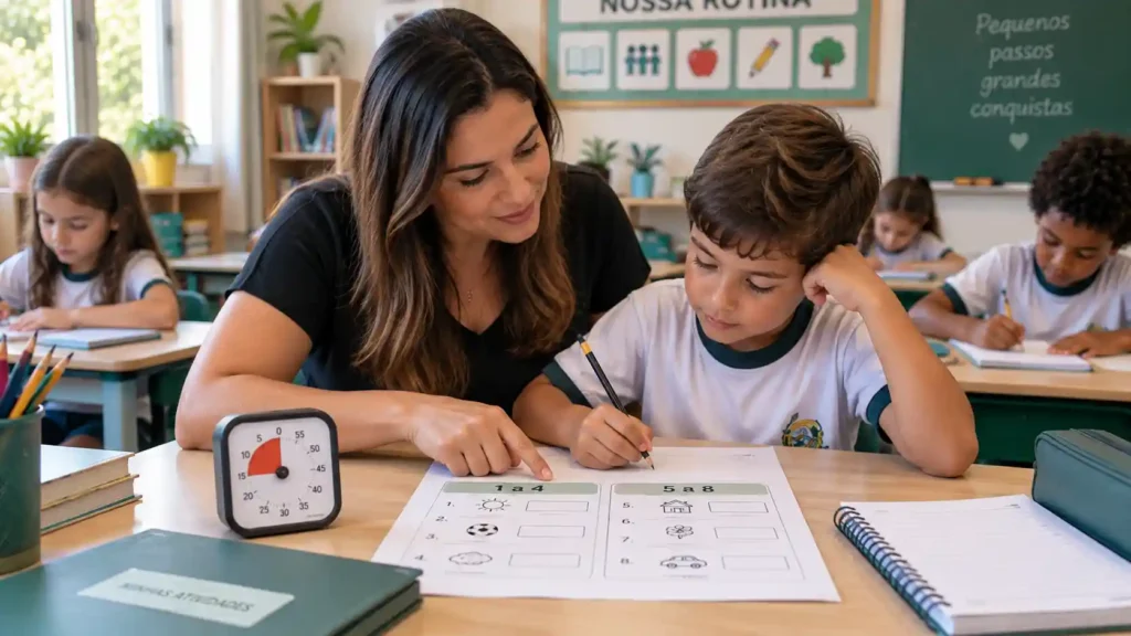 Professora usando estratégias para alunos com TDAH nos Anos Iniciais, com atividade dividida em etapas e apoio à organização.