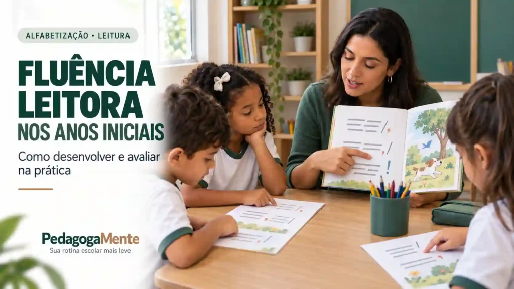 Professora desenvolvendo a fluência leitora nos Anos Iniciais com leitura modelada e trabalho de ritmo, pontuação e expressão.