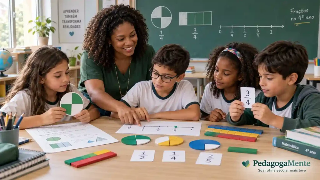 Professora e alunos do 4º ano realizando atividades de frações para o 4º ano com representações visuais, reta numérica e materiais pedagógicos em sala de aula.