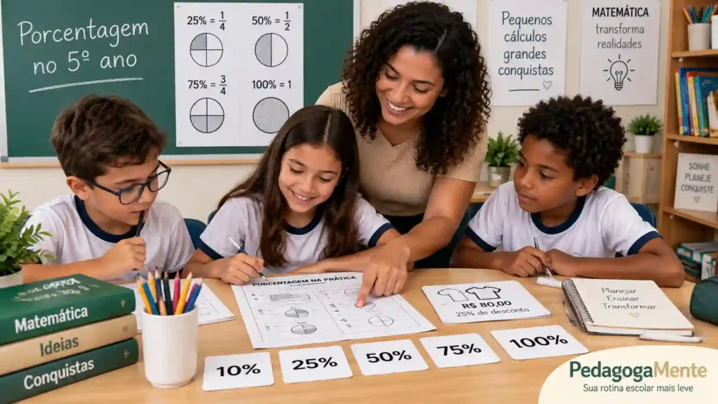 Professora e alunos do 5º ano realizando atividades de porcentagem para o 5º ano com materiais visuais, frações equivalentes e situações práticas em sala de aula.