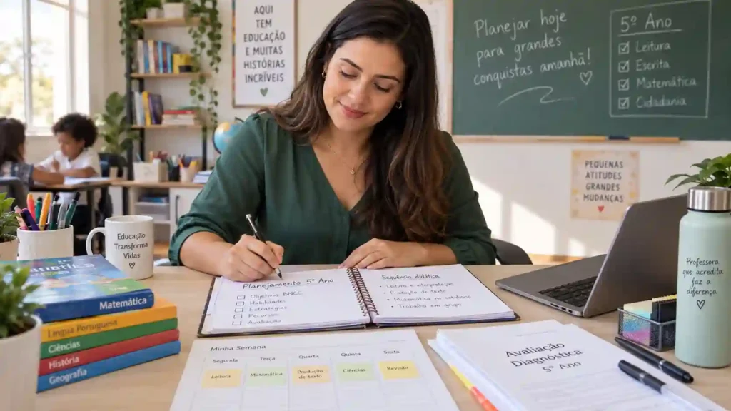 Professora organizando o planejamento BNCC para o 5º ano do Ensino Fundamental