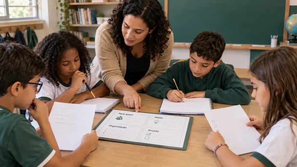 Professora orientando alunos em uma atividade de produção de texto nos Anos Iniciais com apoio de planejamento, escrita e revisão.