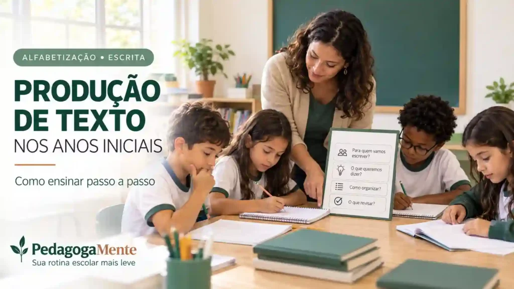 Professora orientando alunos em uma atividade de produção de texto nos Anos Iniciais, com apoio para planejar, escrever e revisar