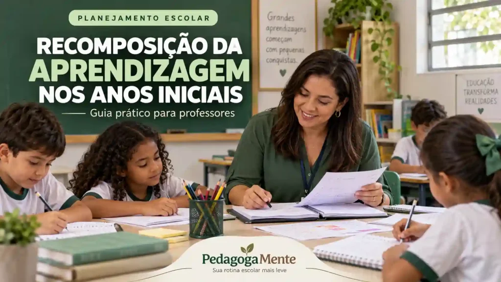 Professora dos Anos Iniciais acompanhando alunos durante uma atividade de recomposição da aprendizagem em sala de aula.