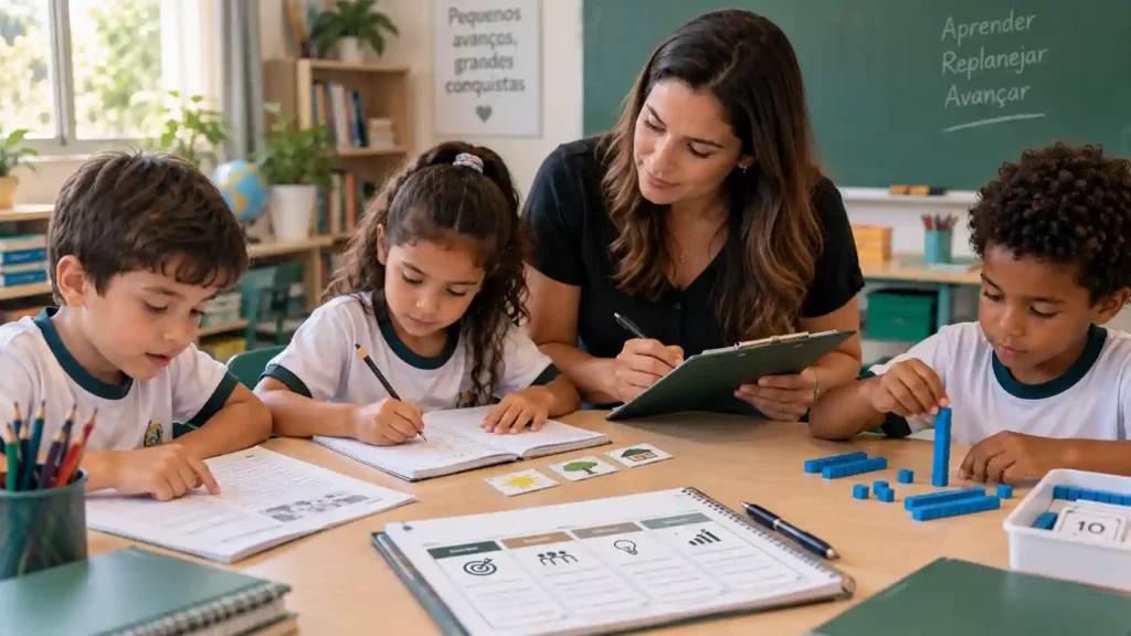 Professora acompanhando um pequeno grupo de alunos durante uma atividade de recomposição da aprendizagem nos Anos Iniciais.